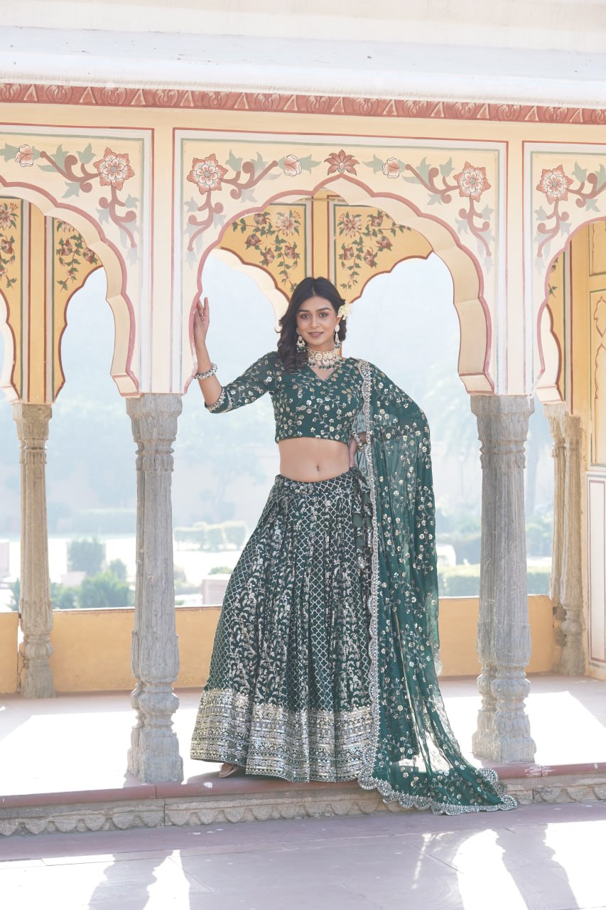 Embroidered Sequins Work Pure Viscose Jacquard Lehenga Choli Set