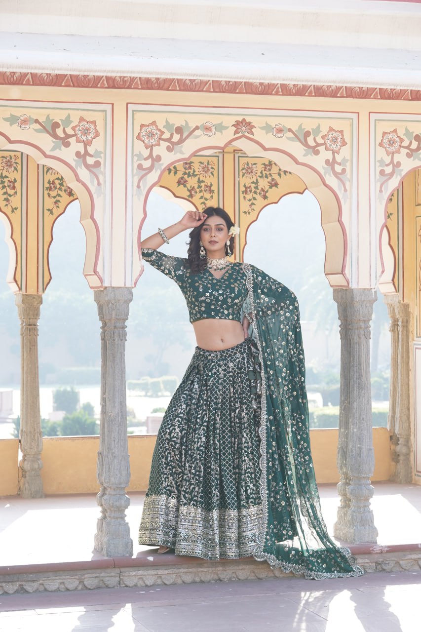 Embroidered Sequins Work Pure Viscose Jacquard Lehenga Choli Set