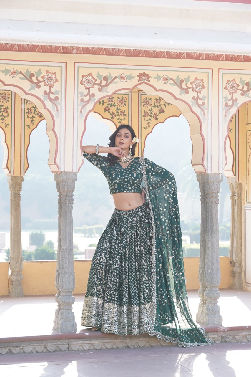 Embroidered Sequins Work Pure Viscose Jacquard Lehenga Choli Set