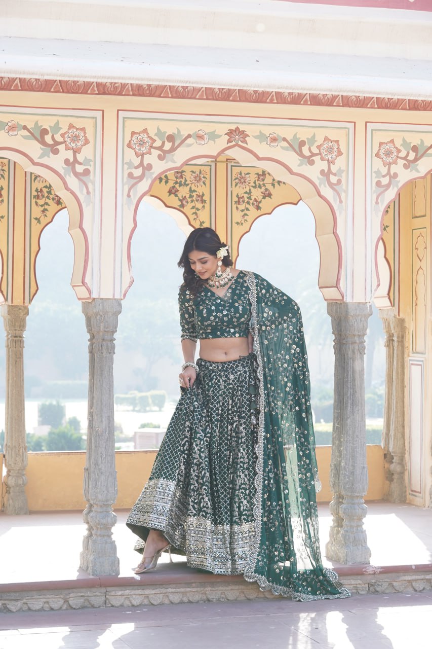 Embroidered Sequins Work Pure Viscose Jacquard Lehenga Choli Set