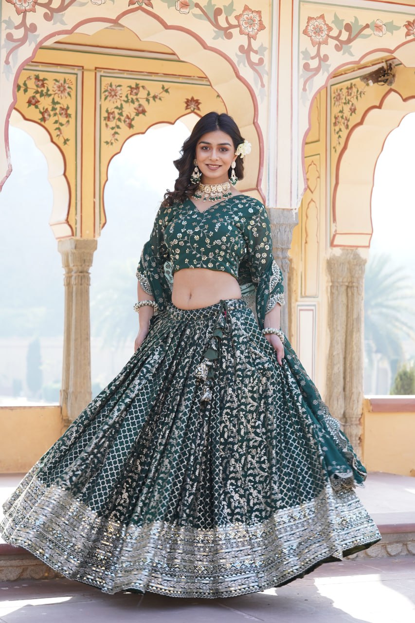 Embroidered Sequins Work Pure Viscose Jacquard Lehenga Choli Set