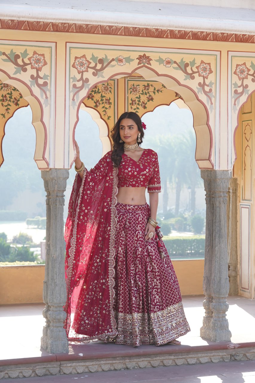 Embroidered Sequins Work Pure Viscose Jacquard Lehenga Choli Set