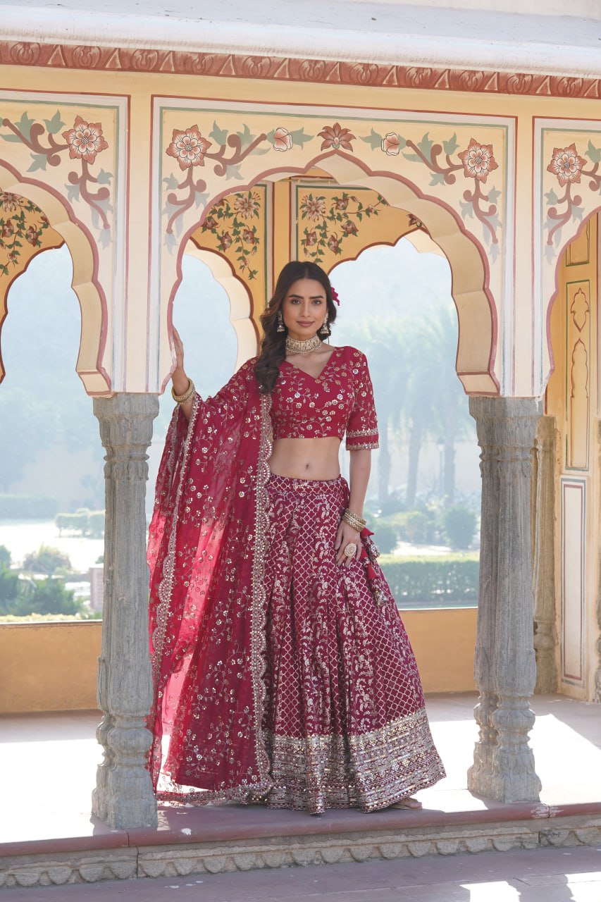 Embroidered Sequins Work Pure Viscose Jacquard Lehenga Choli Set