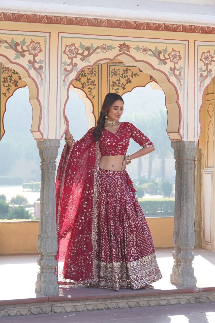 Embroidered Sequins Work Pure Viscose Jacquard Lehenga Choli Set