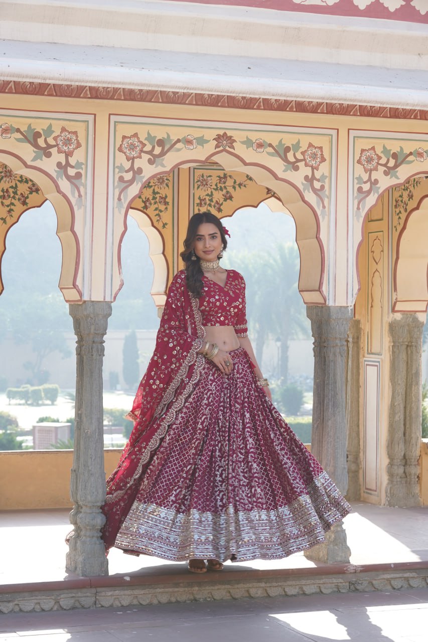 Embroidered Sequins Work Pure Viscose Jacquard Lehenga Choli Set