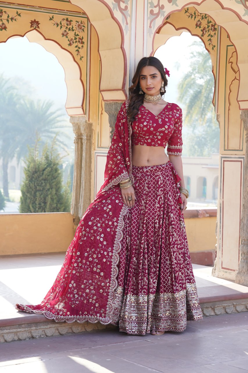 Embroidered Sequins Work Pure Viscose Jacquard Lehenga Choli Set