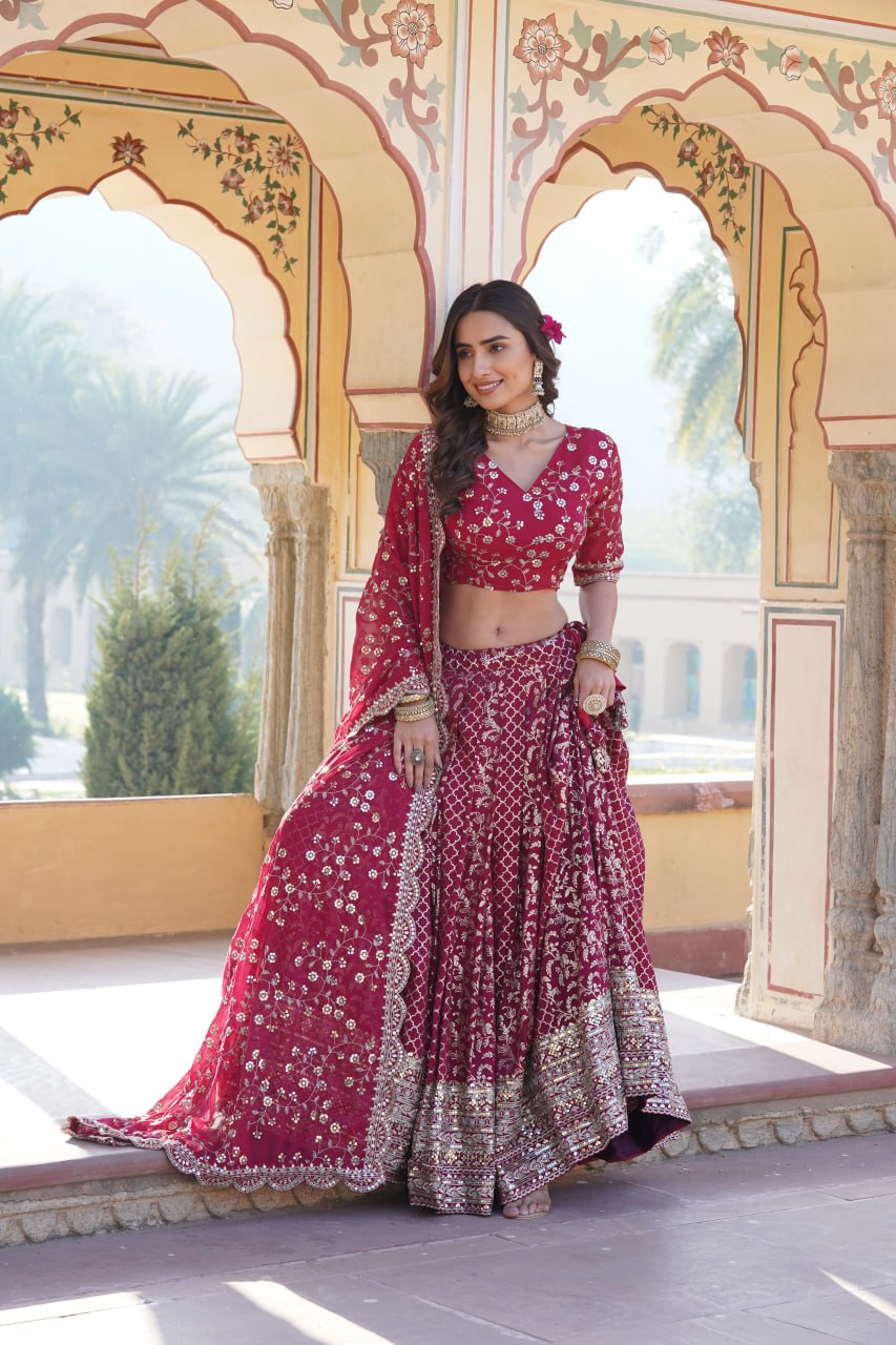 Embroidered Sequins Work Pure Viscose Jacquard Lehenga Choli Set