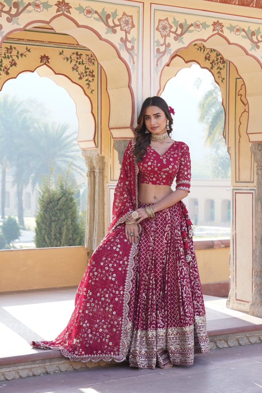 Embroidered Sequins Work Pure Viscose Jacquard Lehenga Choli Set