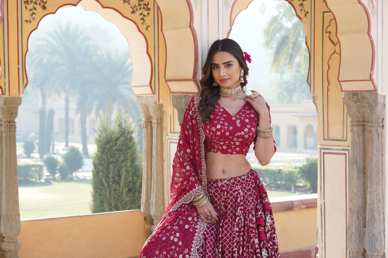 Embroidered Sequins Work Pure Viscose Jacquard Lehenga Choli Set