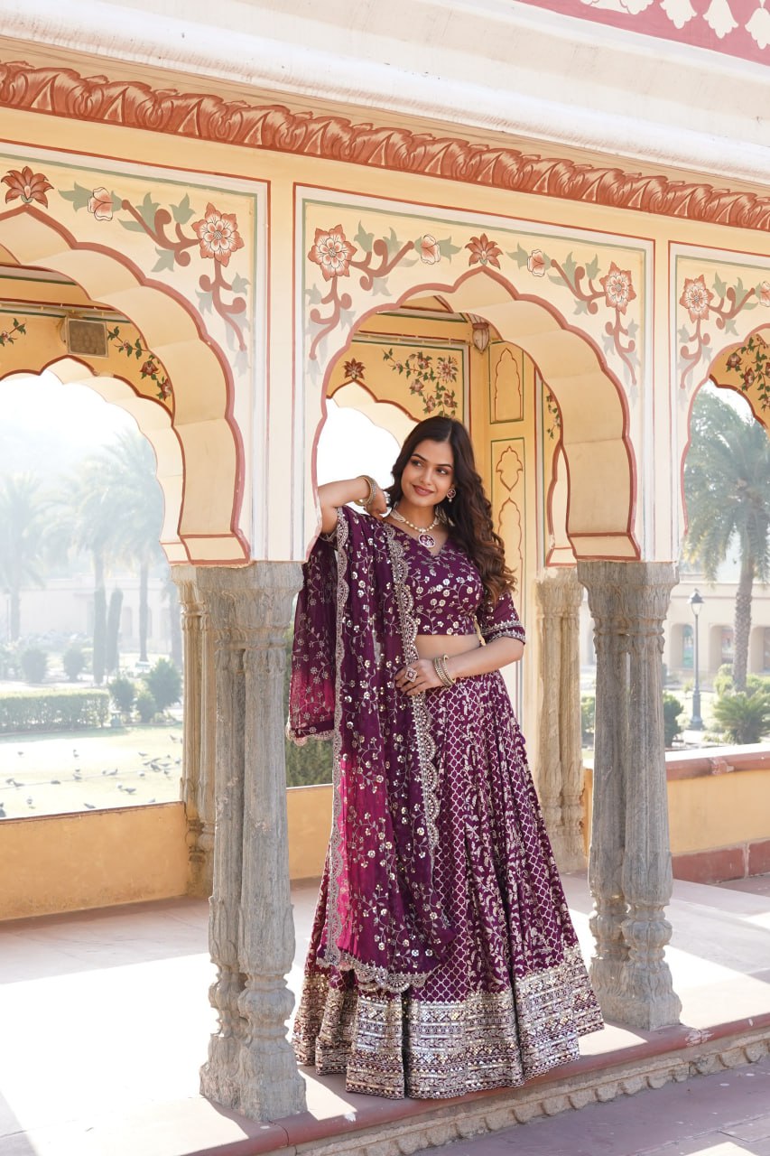 Embroidered Sequins Work Pure Viscose Jacquard Lehenga Choli Set