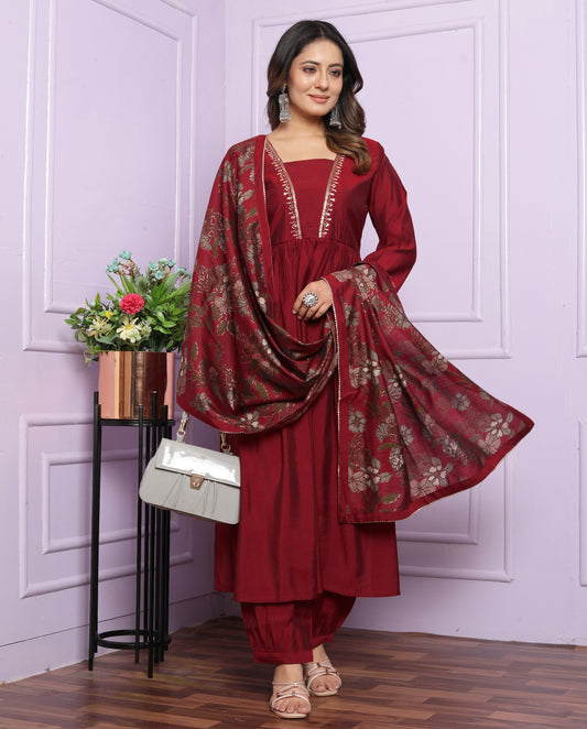 "Red Coloured Hand Work Modal Silk Kurta Pant Set with Printed Dupatta"