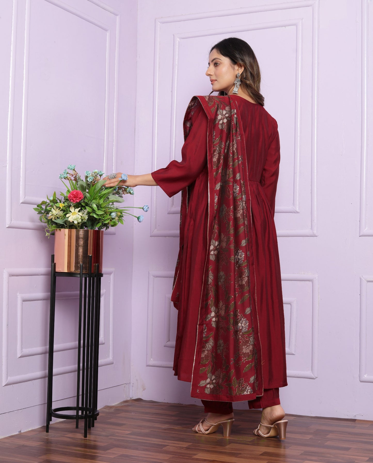 "Red Coloured Hand Work Modal Silk Kurta Pant Set with Printed Dupatta"