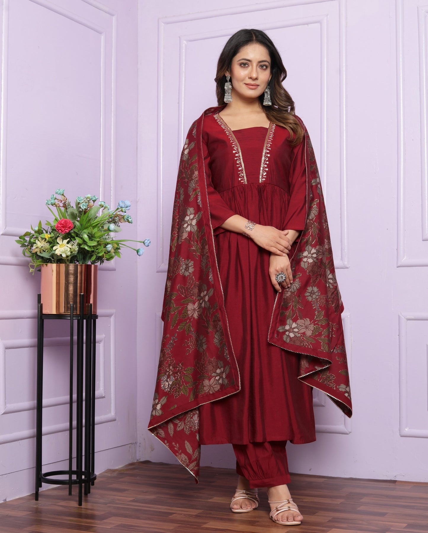 "Red Coloured Hand Work Modal Silk Kurta Pant Set with Printed Dupatta"