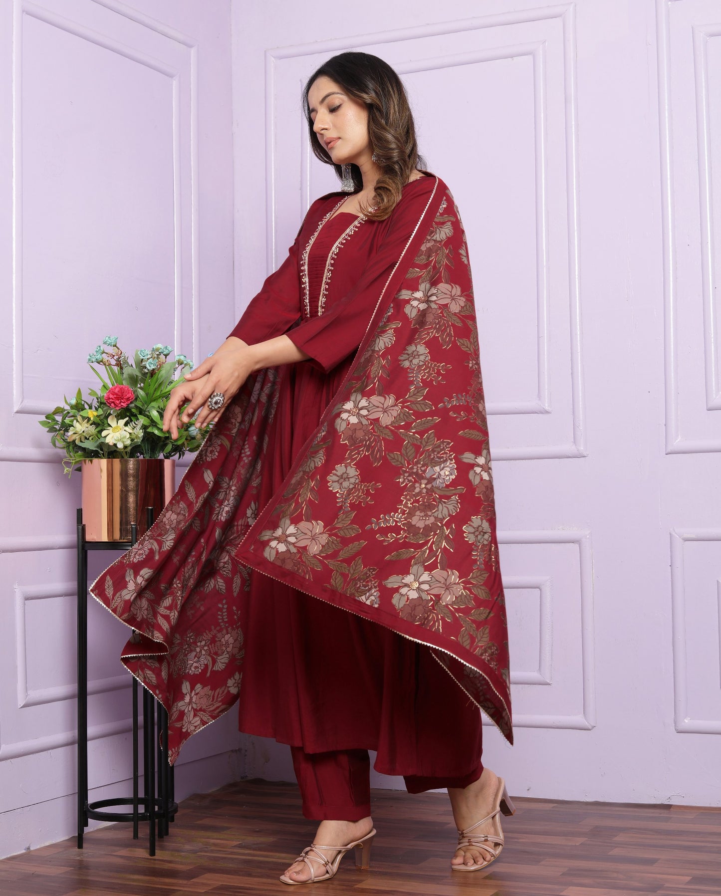 "Red Coloured Hand Work Modal Silk Kurta Pant Set with Printed Dupatta"