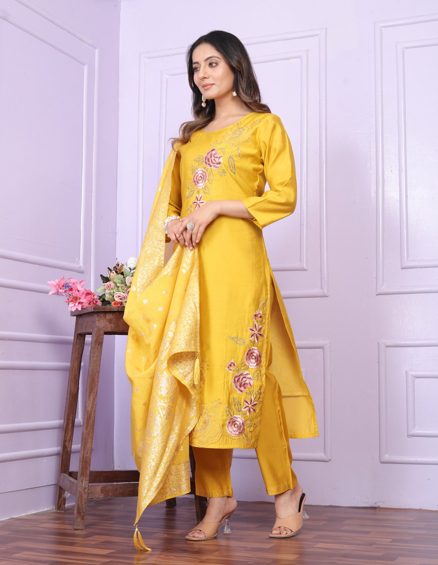 "Russian Silk Kurta Pant Set with Banarasi Dupatta "