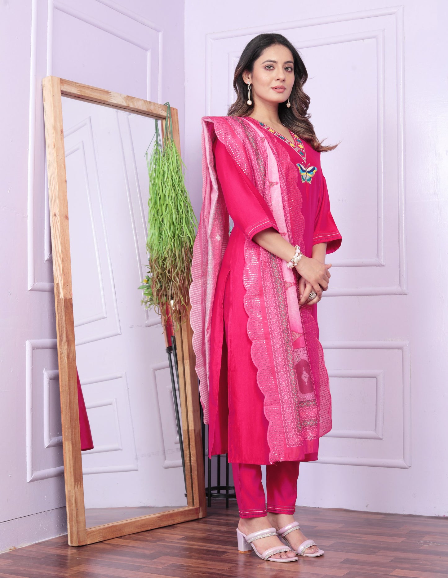 "Rani Pink Viscose Denting Butterfly Kurti Set with Organza Dupatta - Hand Work, Fully Stitched"