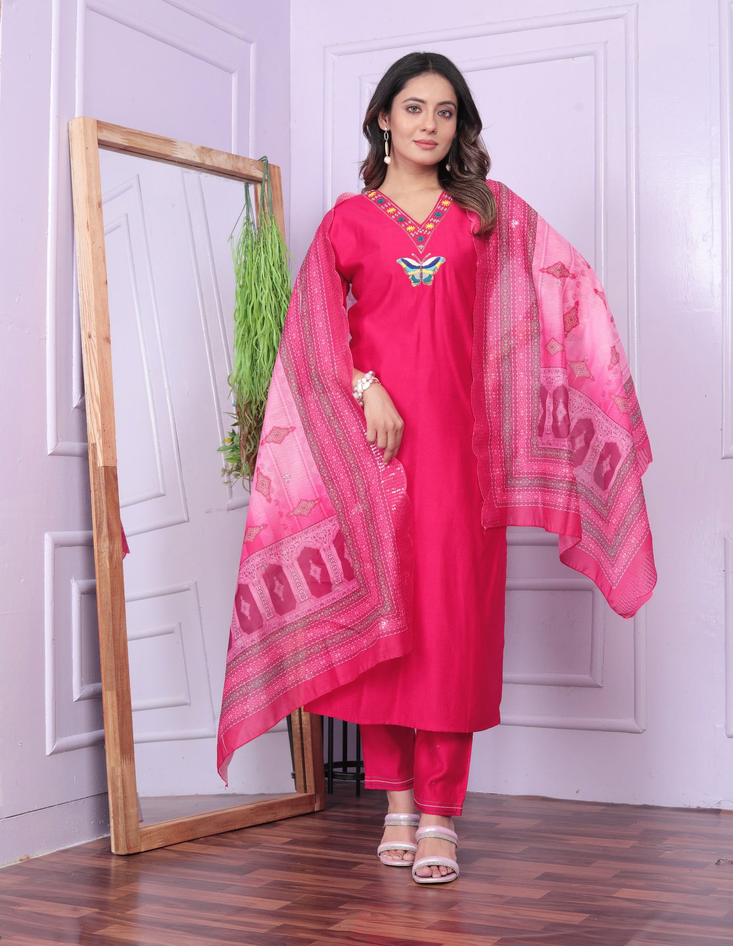 "Rani Pink Viscose Denting Butterfly Kurti Set with Organza Dupatta - Hand Work, Fully Stitched"