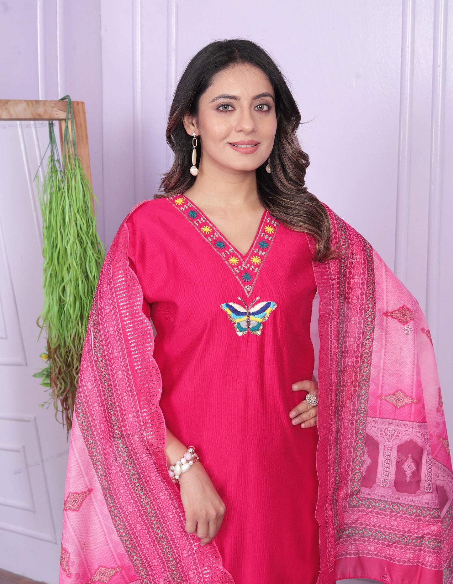 "Rani Pink Viscose Denting Butterfly Kurti Set with Organza Dupatta - Hand Work, Fully Stitched"