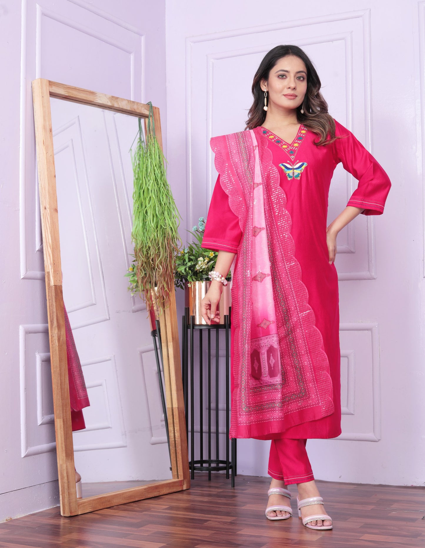 "Rani Pink Viscose Denting Butterfly Kurti Set with Organza Dupatta - Hand Work, Fully Stitched"