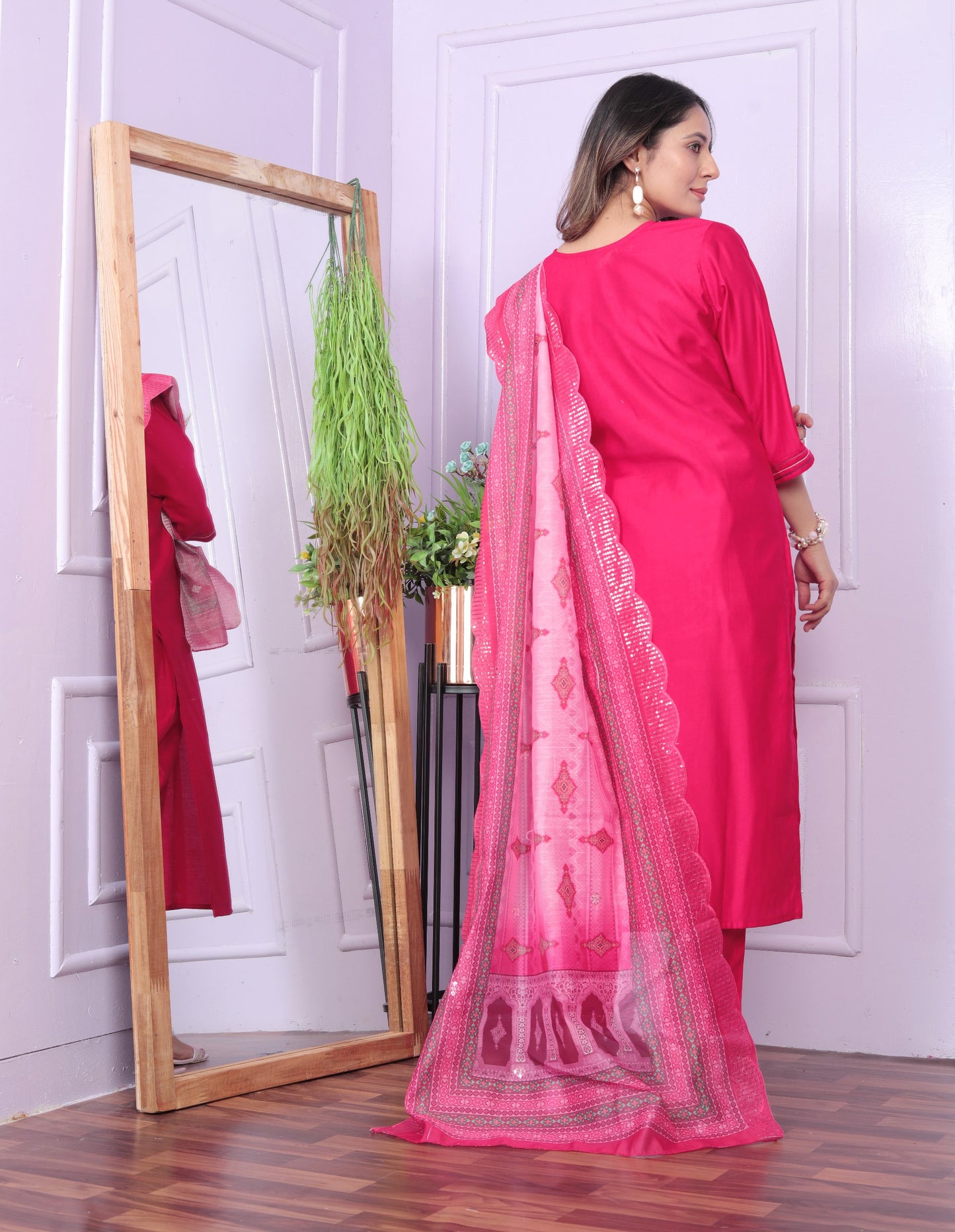 "Rani Pink Viscose Denting Butterfly Kurti Set with Organza Dupatta - Hand Work, Fully Stitched"