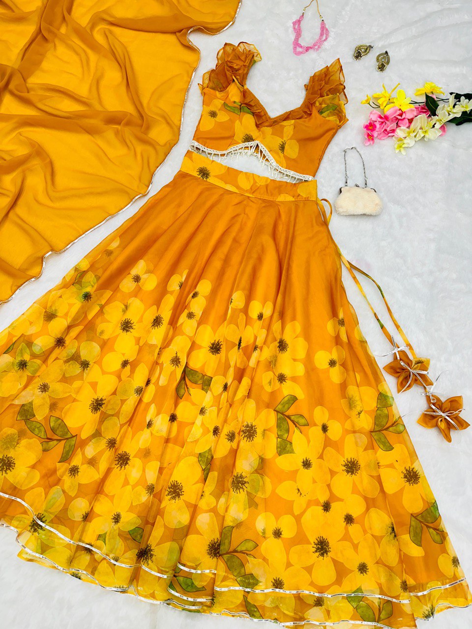 Women's Beautiful Yellow Coloured Ready to Wear Digital Printed Silk Organza Lehenga Choli Set"