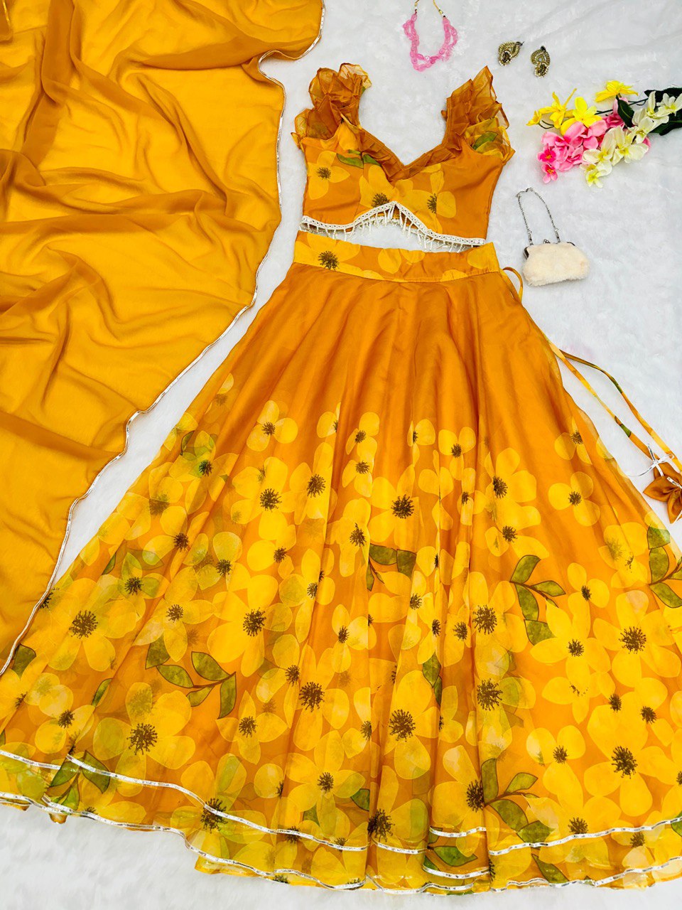 Women's Beautiful Yellow Coloured Ready to Wear Digital Printed Silk Organza Lehenga Choli Set"