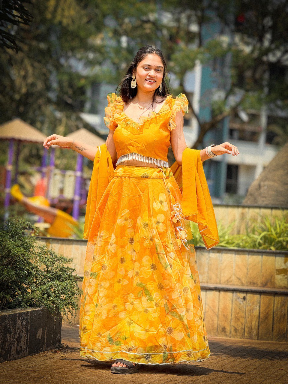 Women's Beautiful Yellow Coloured Ready to Wear Digital Printed Silk Organza Lehenga Choli Set"