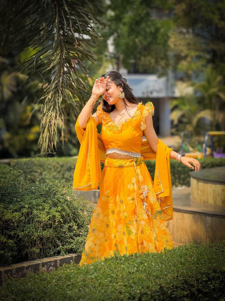 Women's Beautiful Yellow Coloured Ready to Wear Digital Printed Silk Organza Lehenga Choli Set"