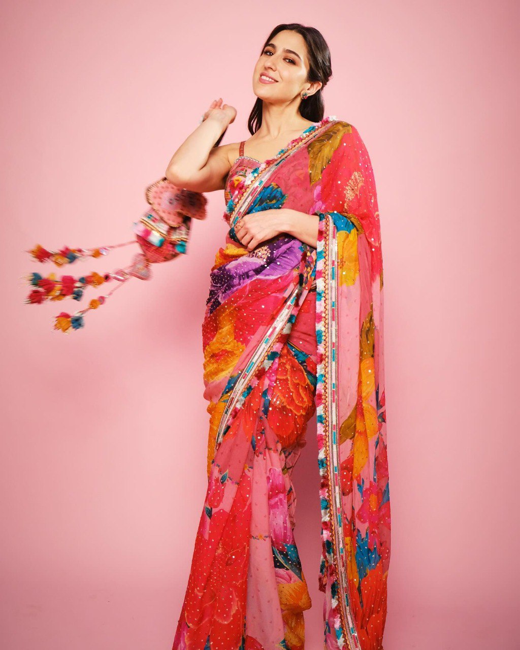"Bollywood Starlet Georgette Saree with Siroski Work & Digital Print - Sara Ali Khan Inspired"