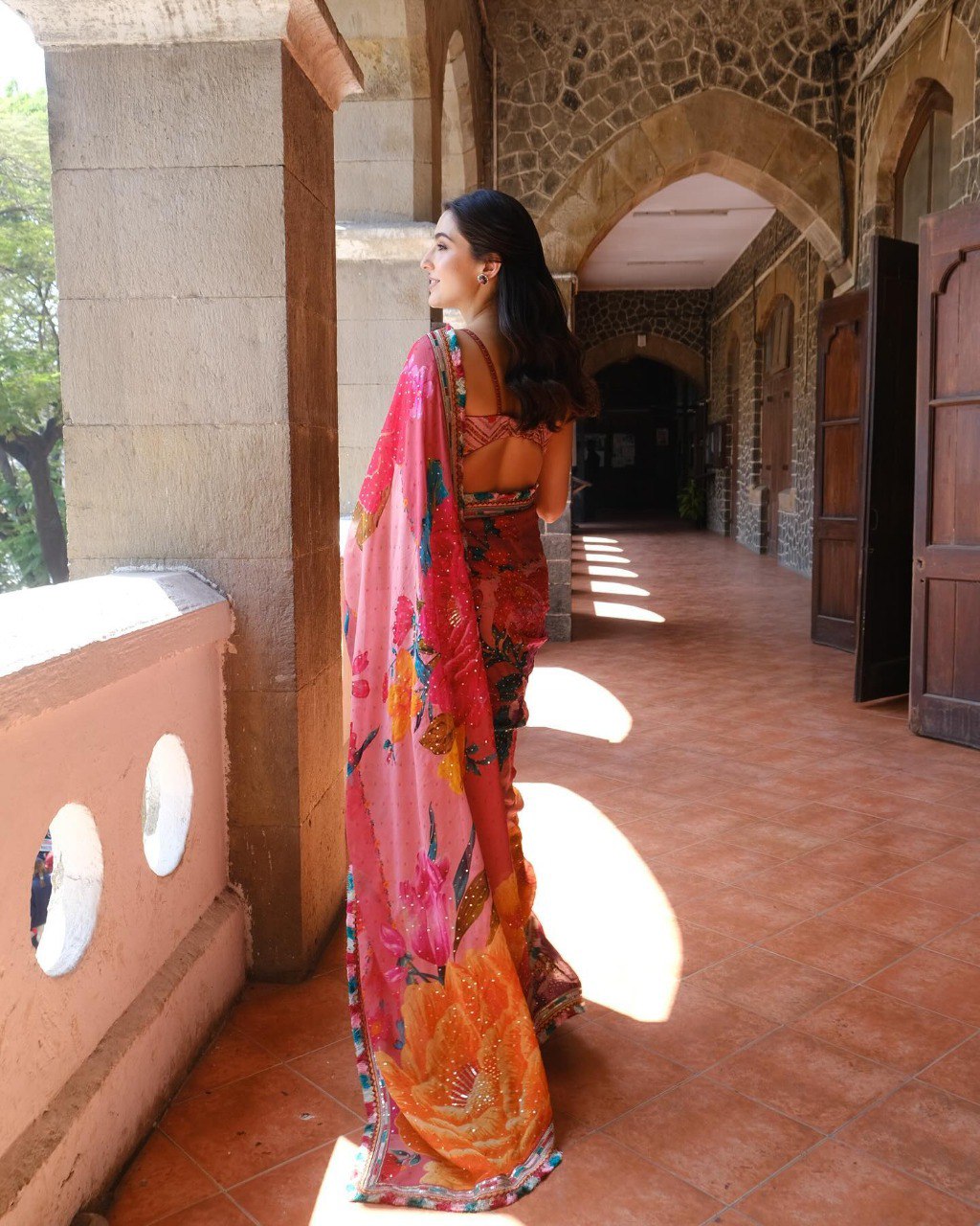 "Bollywood Starlet Georgette Saree with Siroski Work & Digital Print - Sara Ali Khan Inspired"