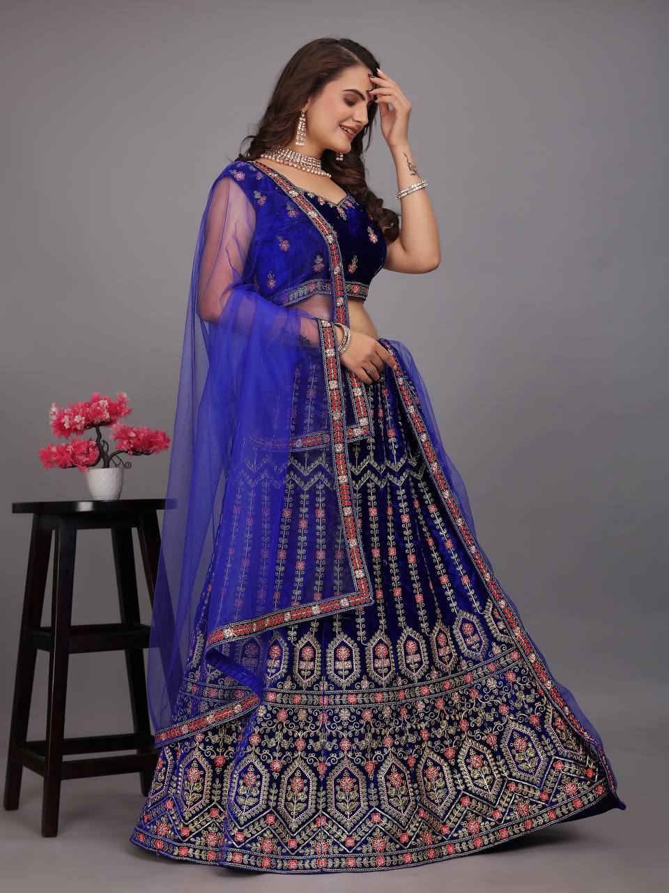 "Royal Navy Blue Embroidered Velvet Semi Stitched Lehenga Choli Ensemble"