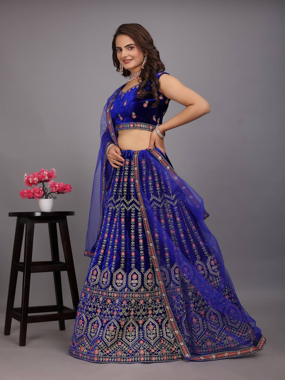 "Royal Navy Blue Embroidered Velvet Semi Stitched Lehenga Choli Ensemble"