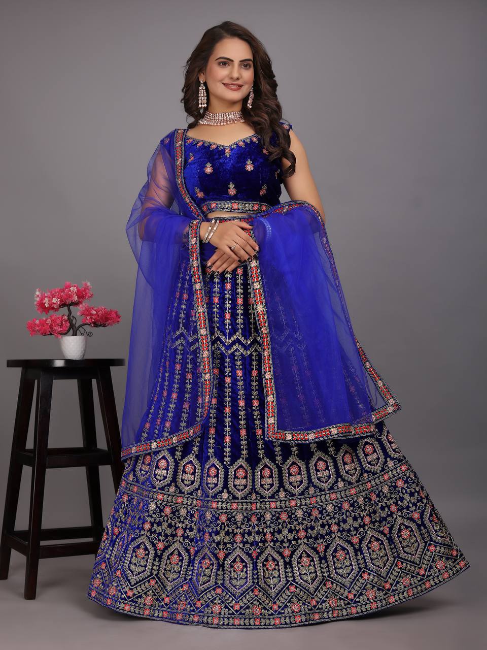 "Royal Navy Blue Embroidered Velvet Semi Stitched Lehenga Choli Ensemble"