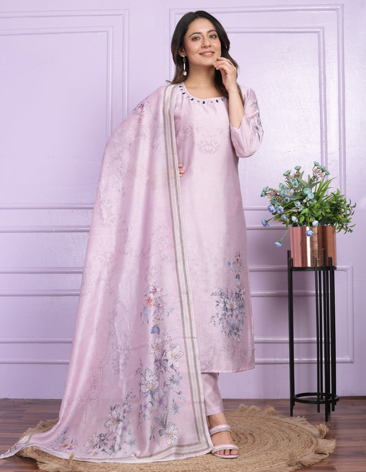 "Handcrafted Light Purple Modal Silk Kurta Pant Set with Dupatta"