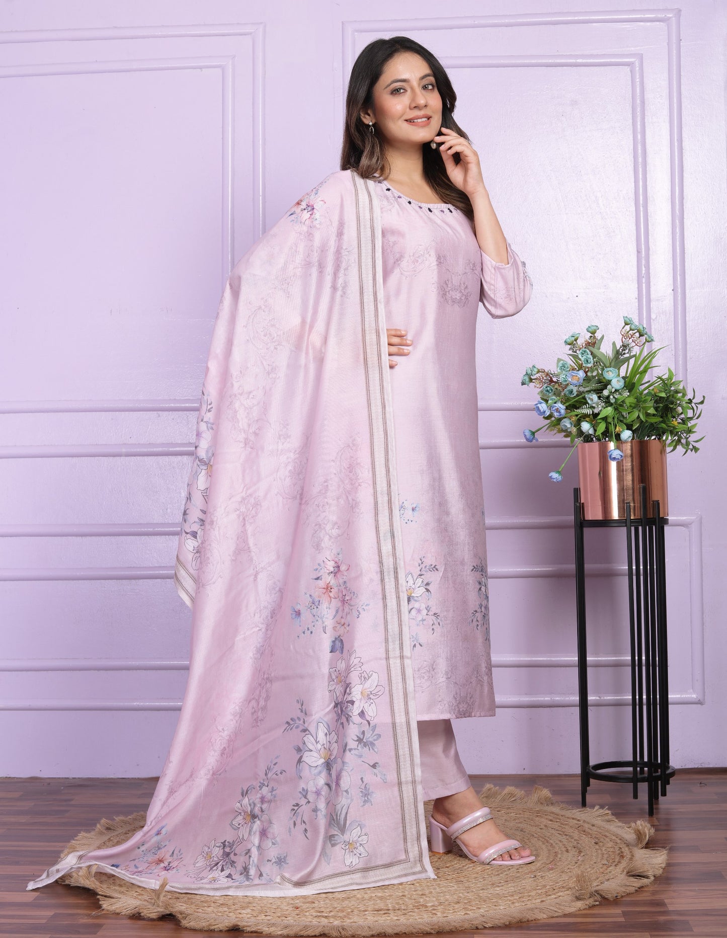 "Handcrafted Light Purple Modal Silk Kurta Pant Set with Dupatta"