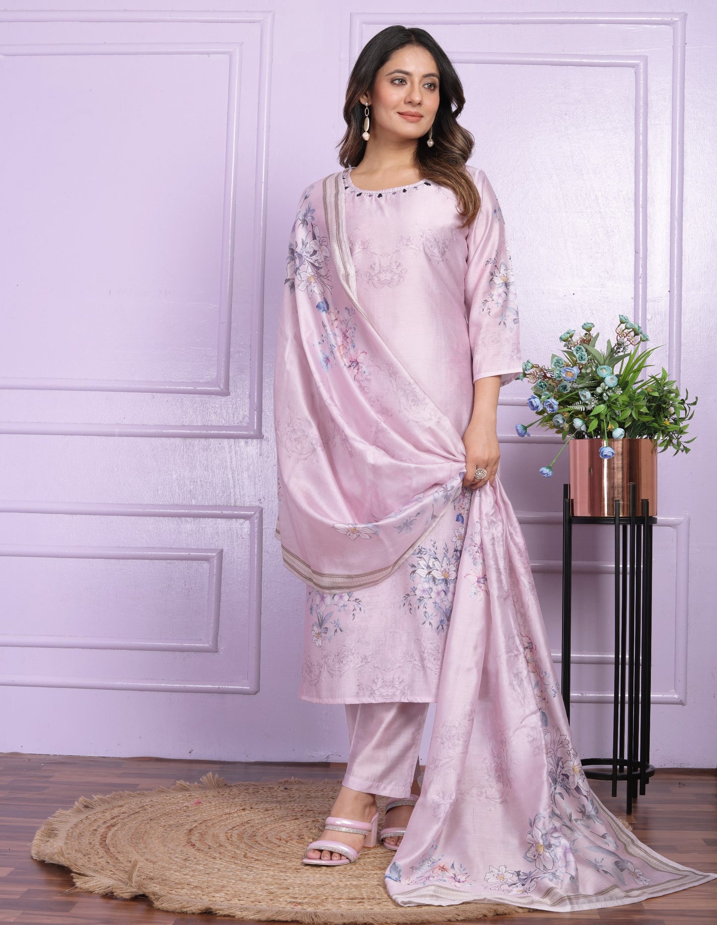 "Handcrafted Light Purple Modal Silk Kurta Pant Set with Dupatta"