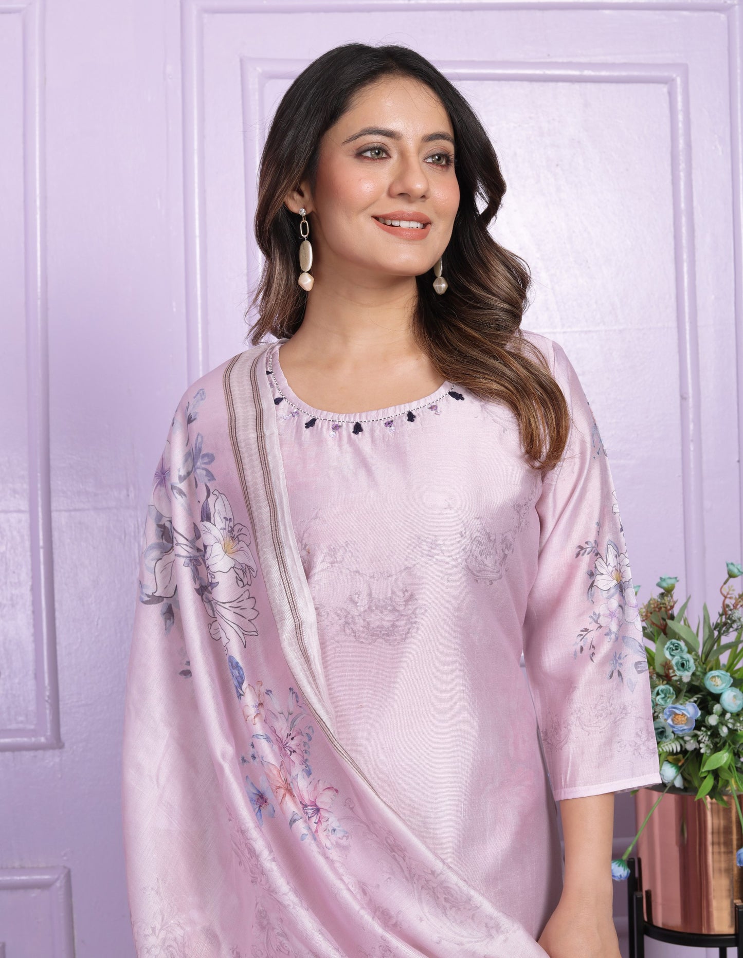 "Handcrafted Light Purple Modal Silk Kurta Pant Set with Dupatta"