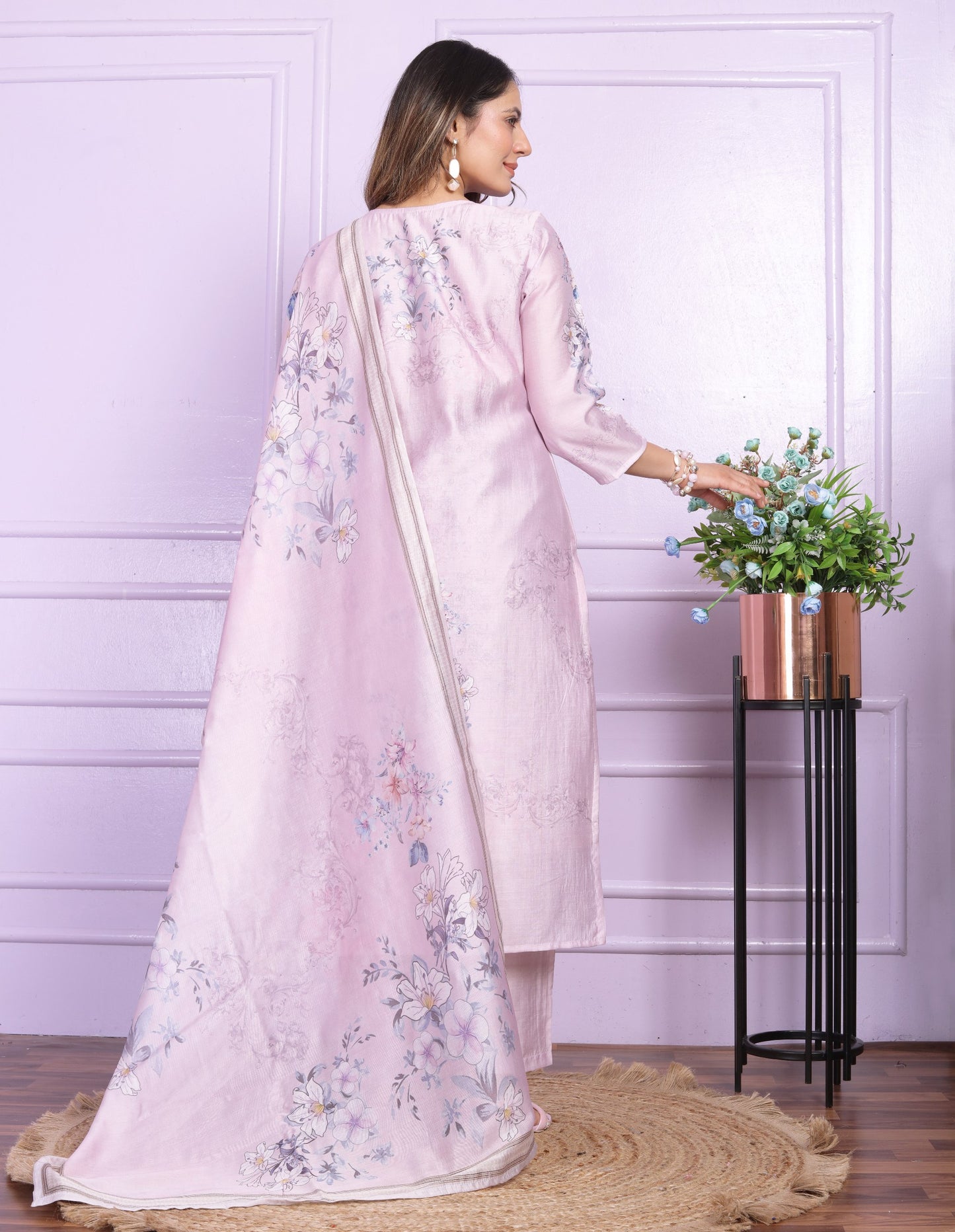 "Handcrafted Light Purple Modal Silk Kurta Pant Set with Dupatta"