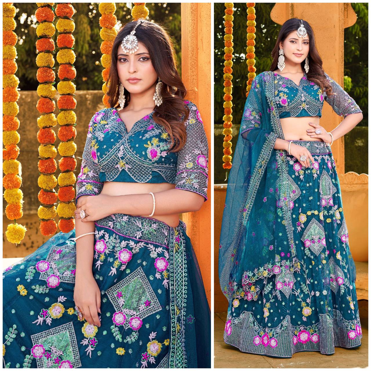 "Sequins Embroidered Butterfly Net Semi-stitched Lehenga Choli Set with Matching Dupatta"