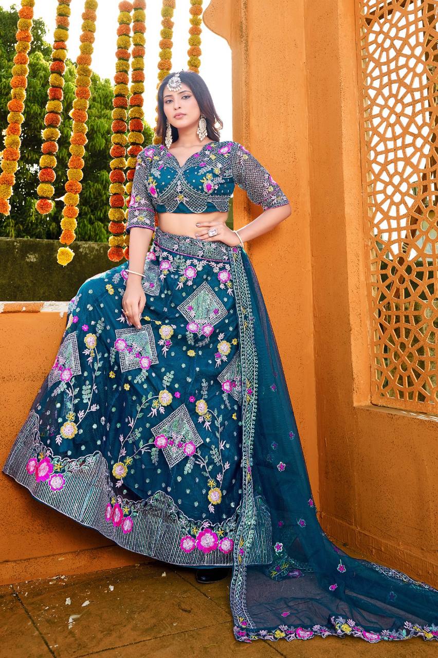 "Sequins Embroidered Butterfly Net Semi-stitched Lehenga Choli Set with Matching Dupatta"