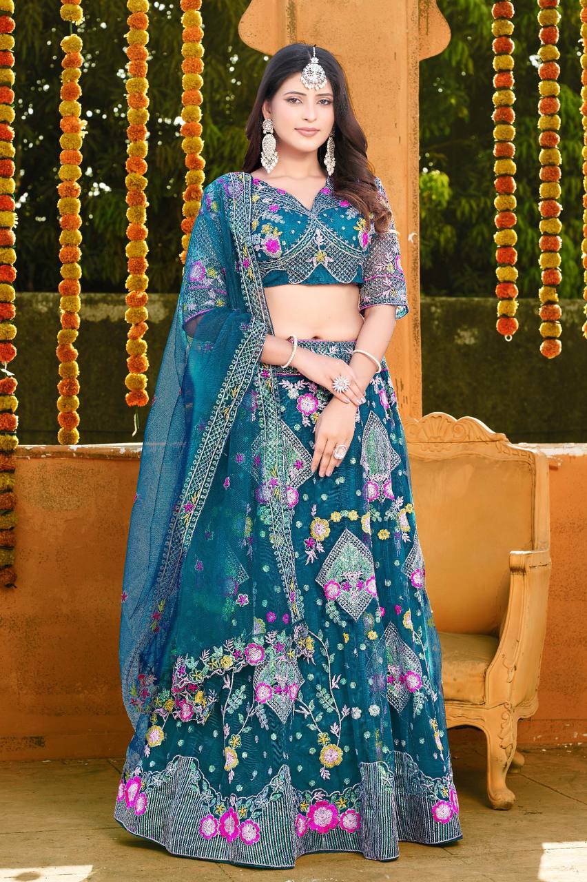 "Sequins Embroidered Butterfly Net Semi-stitched Lehenga Choli Set with Matching Dupatta"