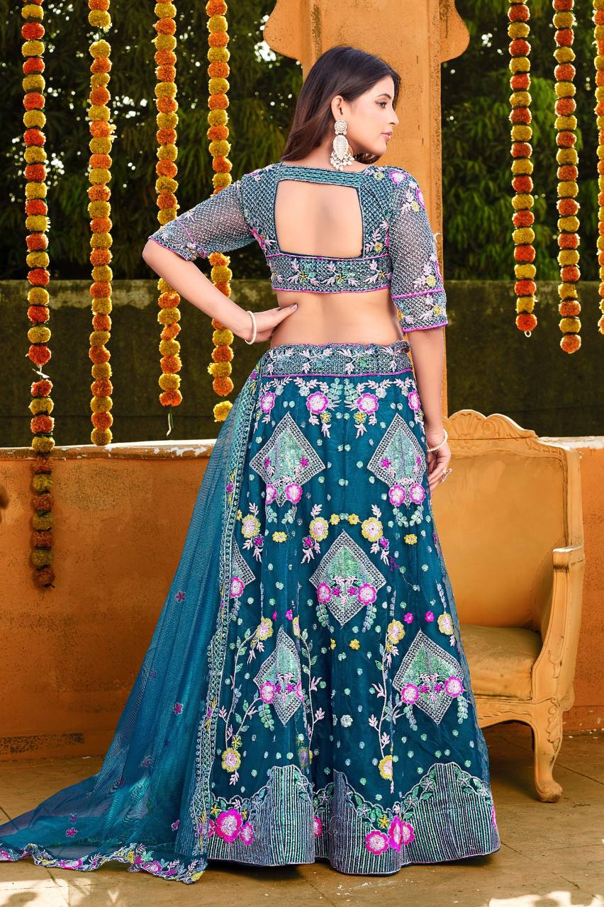 "Sequins Embroidered Butterfly Net Semi-stitched Lehenga Choli Set with Matching Dupatta"