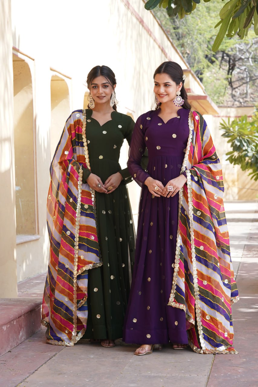 Women's Beautiful  Zari Embroidered Work Gown with Russian Silk Dupatta