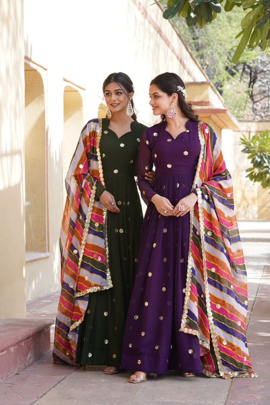 Women's Beautiful  Zari Embroidered Work Gown with Russian Silk Dupatta