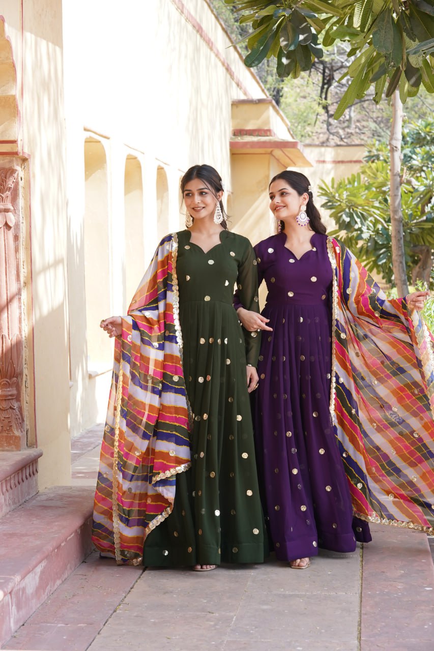 Women's Beautiful  Zari Embroidered Work Gown with Russian Silk Dupatta