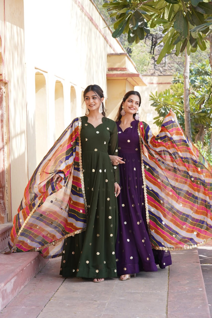 Women's Beautiful  Zari Embroidered Work Gown with Russian Silk Dupatta