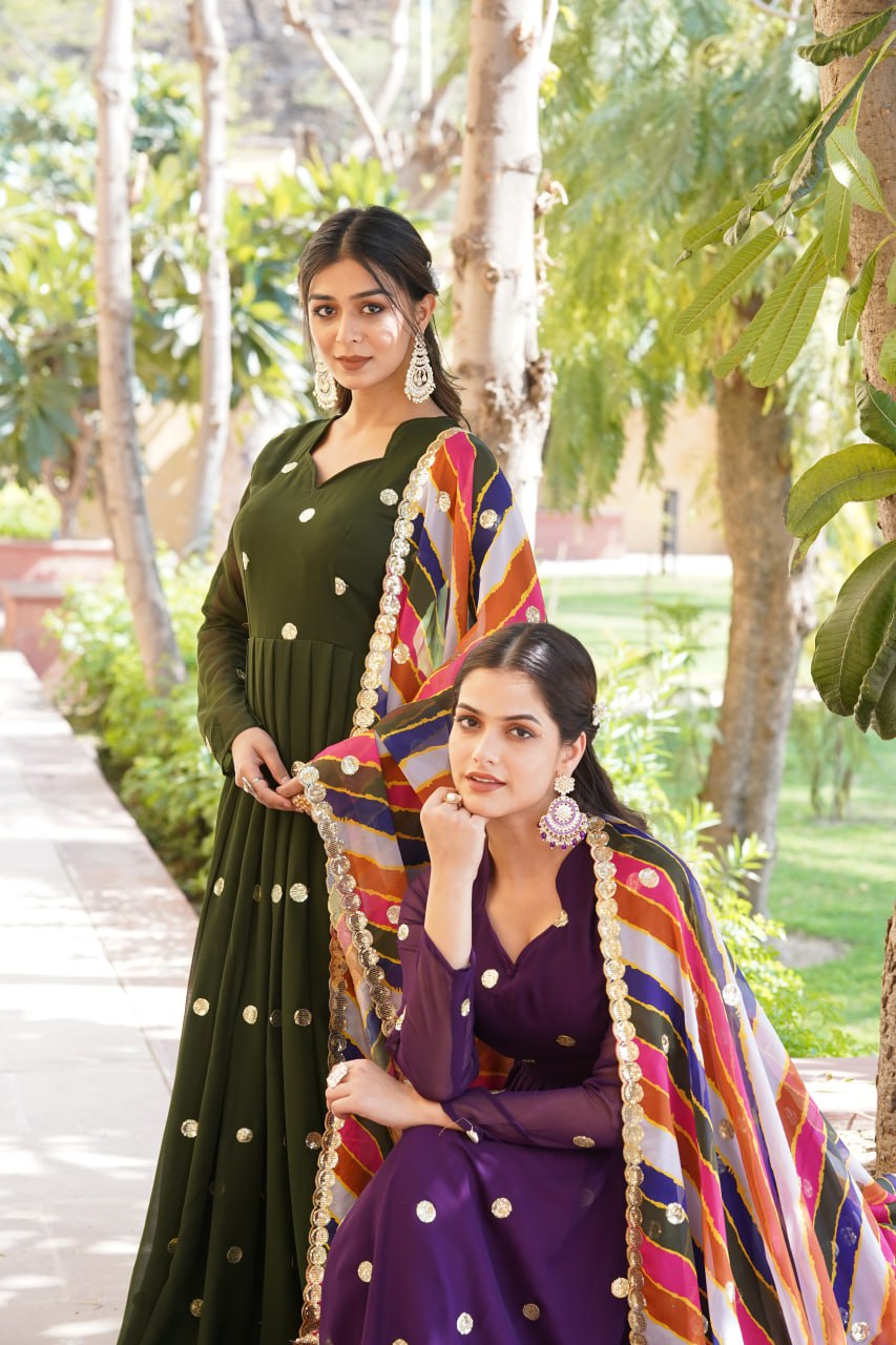 Women's Beautiful  Zari Embroidered Work Gown with Russian Silk Dupatta