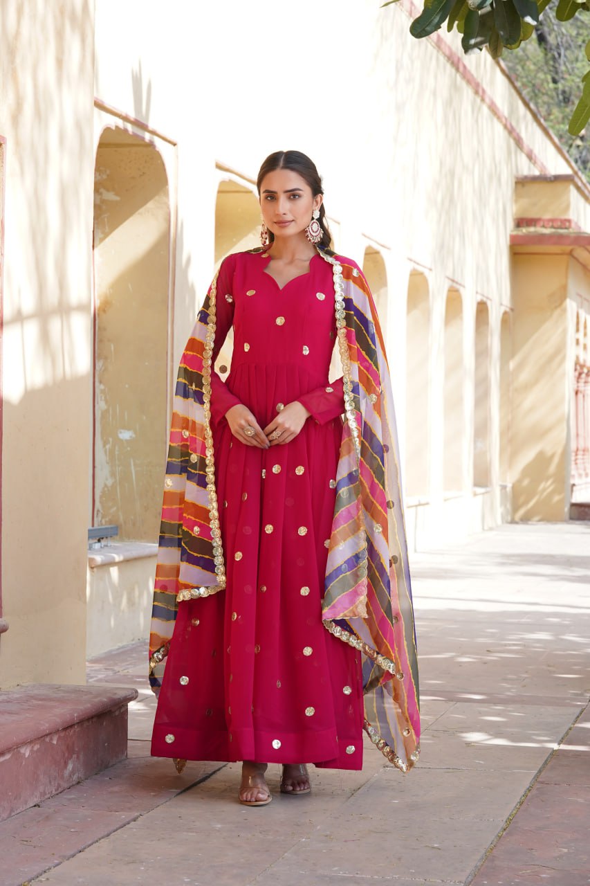 Women's Beautiful  Zari Embroidered Work Gown with Russian Silk Dupatta