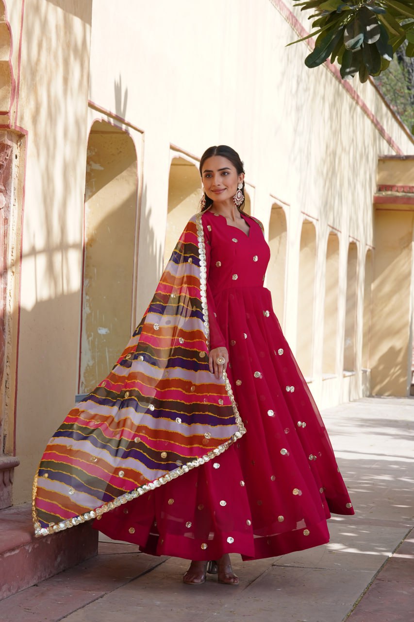 Women's Beautiful  Zari Embroidered Work Gown with Russian Silk Dupatta