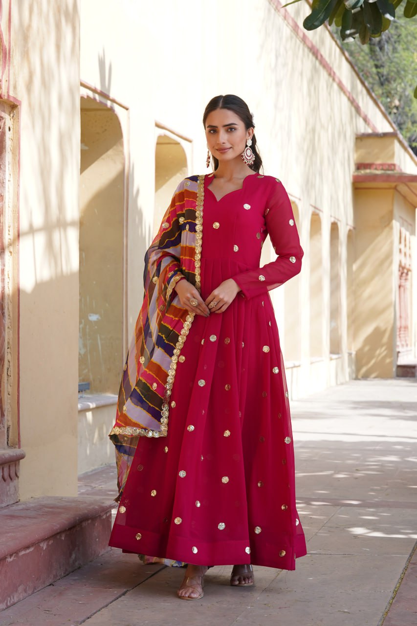 Women's Beautiful  Zari Embroidered Work Gown with Russian Silk Dupatta